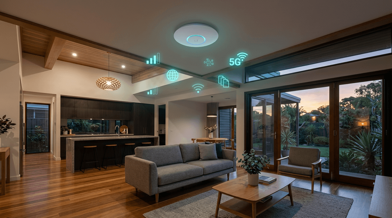 A modern Australian home ceiling with a sleek white WiFi access point and cyan signal indicators glowing in an open-plan living area